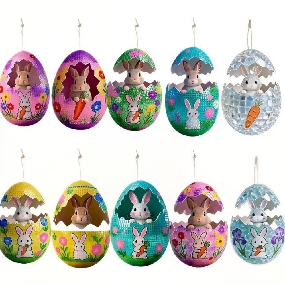 Cartoon Easter Egg Decoration 2D Bunny Decor Lanyard Rabbit Easter Egg Pendant  Easter Party 10Pcs