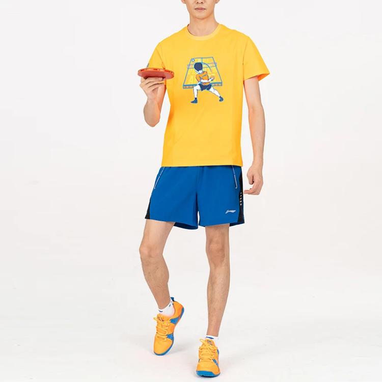 Li-Ning Cartoon Print Quick-Dry Round Neck Short Sleeve T-Shirt Men Tops Fluorescent-Orange AHSS239-1
