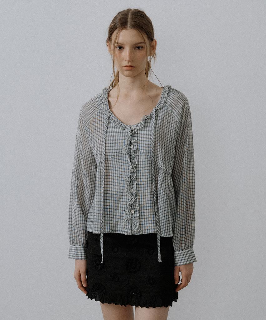 Peulibeo07 Check Frill Tie Blouse [Frsp05Bl04]_Ivory