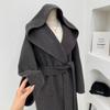 Hooded Lazy Loose Double-sided Wool Coat Lace-up Bathrobe Long Coat Autumn and Winter 25 New Women's Black and White Gray