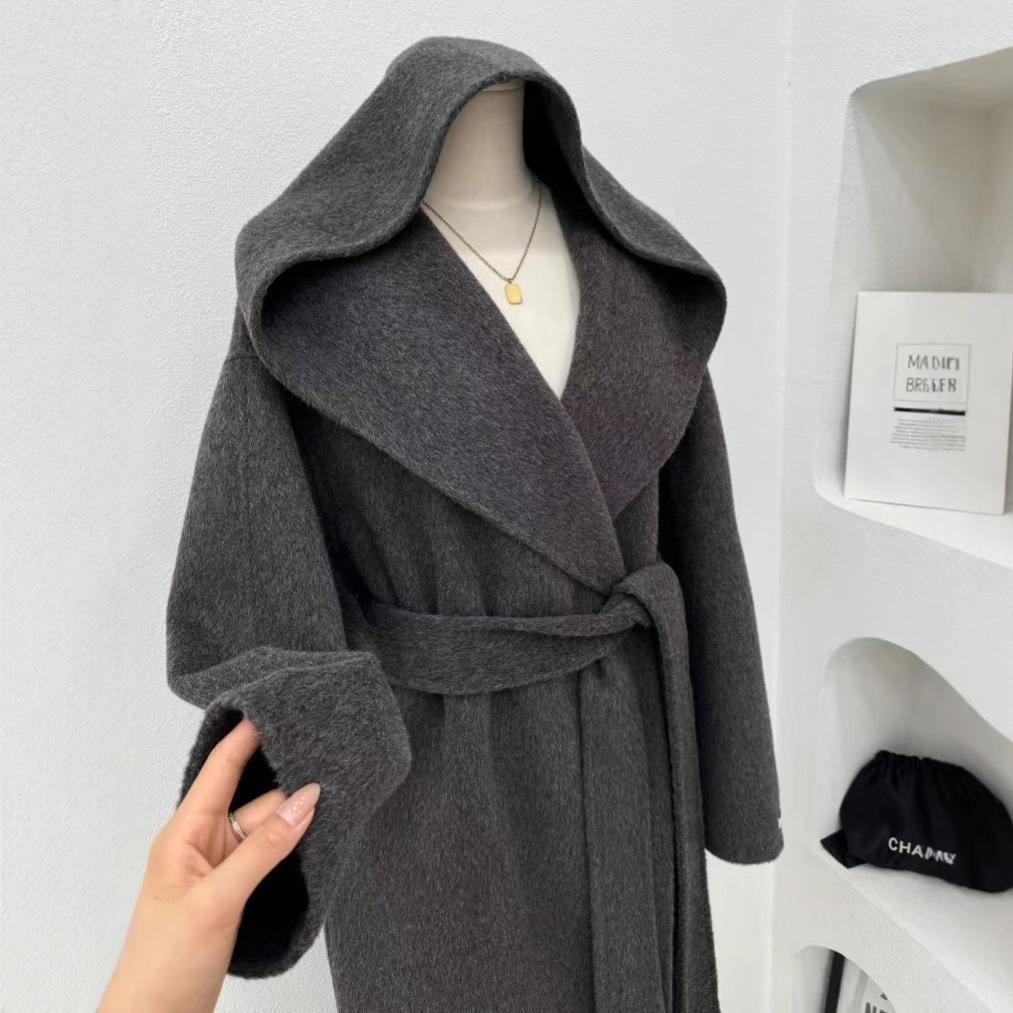 Hooded Lazy Loose Double-sided Wool Coat Lace-up Bathrobe Long Coat Autumn and Winter 25 New Women's Black and White Gray
