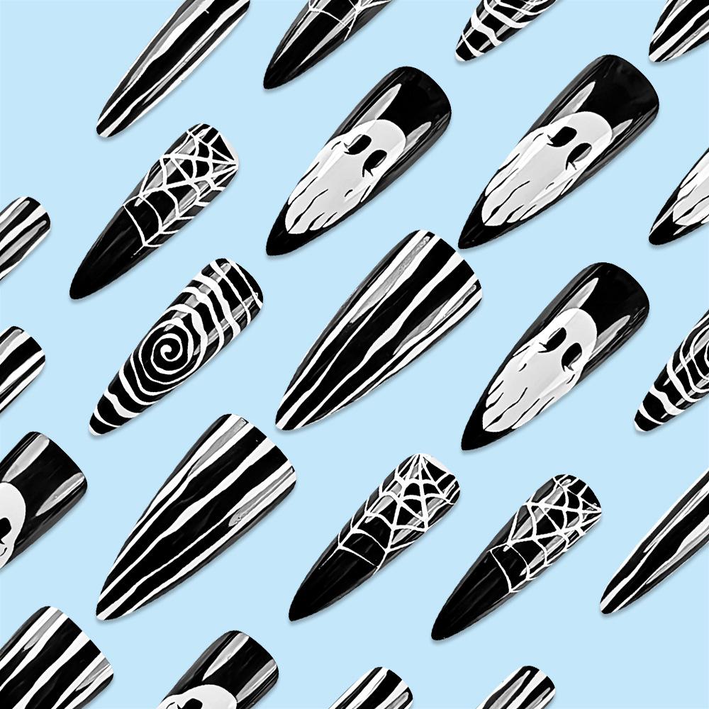 Hot-selling Water Drop Nail Art Tablets, Striped Spider Web Fake Nail Patches Wholesale, Halloween Grimace Wearing Nail