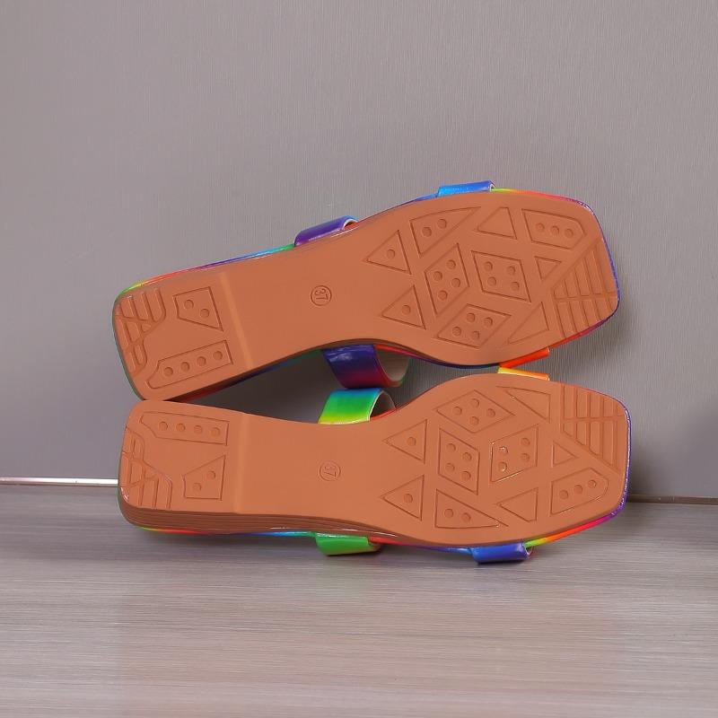 Fashion 2025 Fashion Women's Flat Slippers Summer New Square Head Rainbow Open-toe Soft Sole Anti-slip Wear-resistant Low Heel Shoes