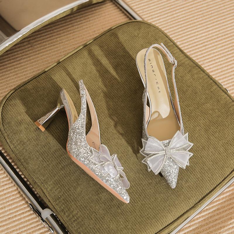 

7521-1 [sheepskin] high-heeled wedding shoes women s thin heels 2025 new rear empty sandals pointed bow single shoes 39