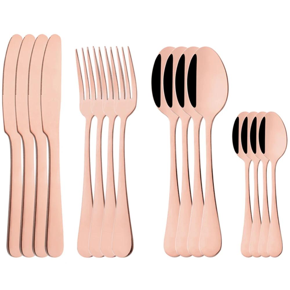 16Pcs Pink Gold Mirror Dinnerware Cutlery Set Knives Forks Coffee Spoon Flatware Stainless Steel Silverware Tableware Set