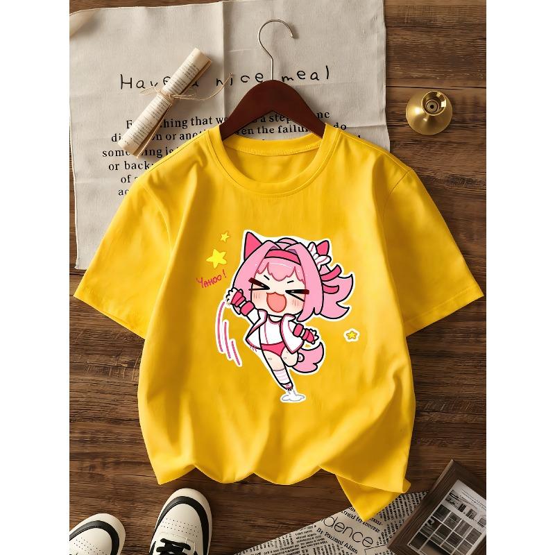 European Sizes Girls' Summer KPOP Girl Group Cartoon Style Short Sleeve T-Shirt, Cute Idol Fashion Print, Breathable And Non-Stuffy Clothing