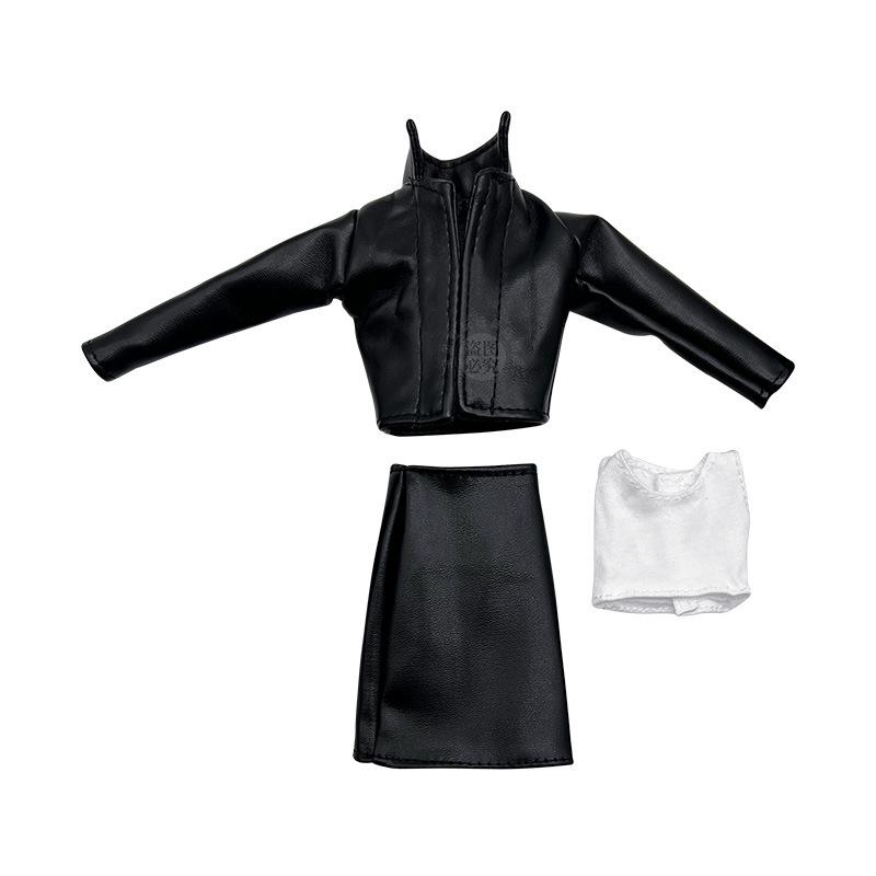 

Наряд для модной куклы 30 см: Черные чулки, кожаная юбка, черная кожаная куртка, футболка, деловой костюм и аксессуары.