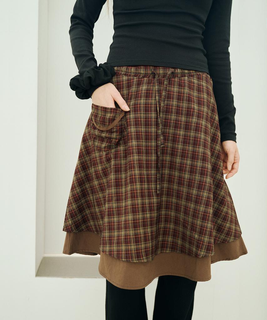 Mihebeu Check Pocket Midi Skirt Burgundy Brown