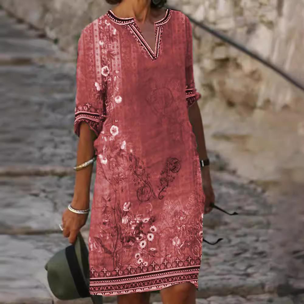 Ethnic Style Floral Print Vneck Dress With Loose Fit For Spring Summer Fashion