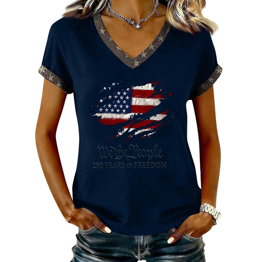 Damen Lässiger V-Ausschnitt Kurzarm Pullover Bedrucktes T-Shirt Top