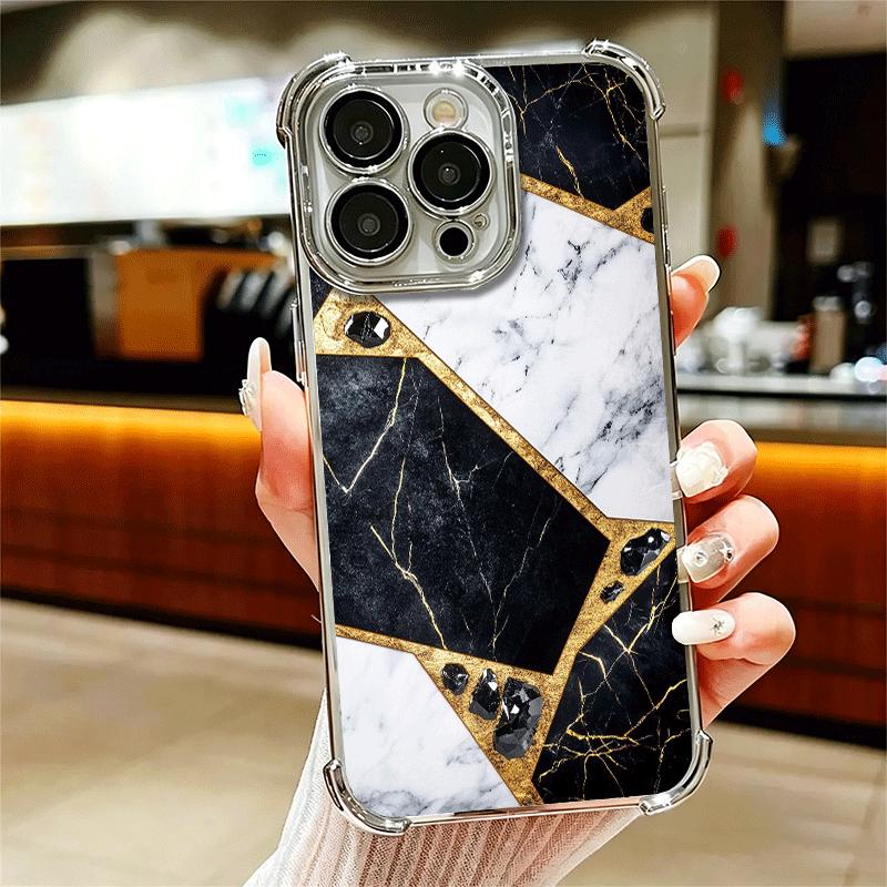 

Geometric Marble Pattern Plating Phone Case For Iphone 16 17 Pro Max Air 16E 14 15 Plus 12 13 Mini Anti-Fall Airabag Cover iPhone 12 Pro