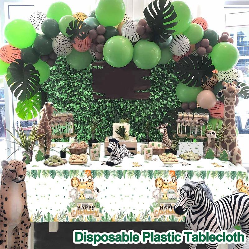 1pc Jungle Animal Plastic Tablecloth Palm Leaves Backdrop Jungle Safari Wild One Kids Birthday Party Decoration Table Cover