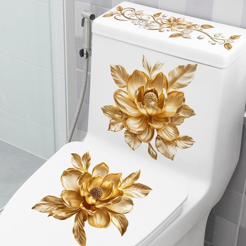 Gold Diamond Flower Decorative Toilet Sticker Waterproof Easy to Apply Removable Decal for Home Bathroom Decor
