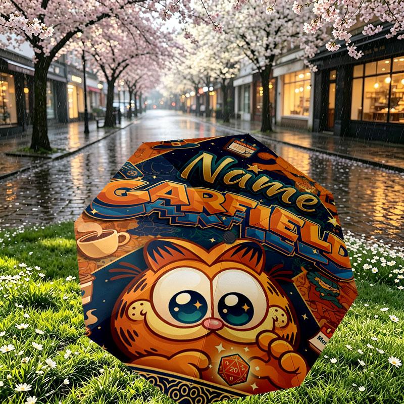 Personalisierter Garfield-Druckschirm mit individuellem Namen, Automatisches Öffnen und Schließen, Stabiler 8-Rippen-Rahmen, Für Pendeln, Camping, Wandern, Geburtstagsgeschenk