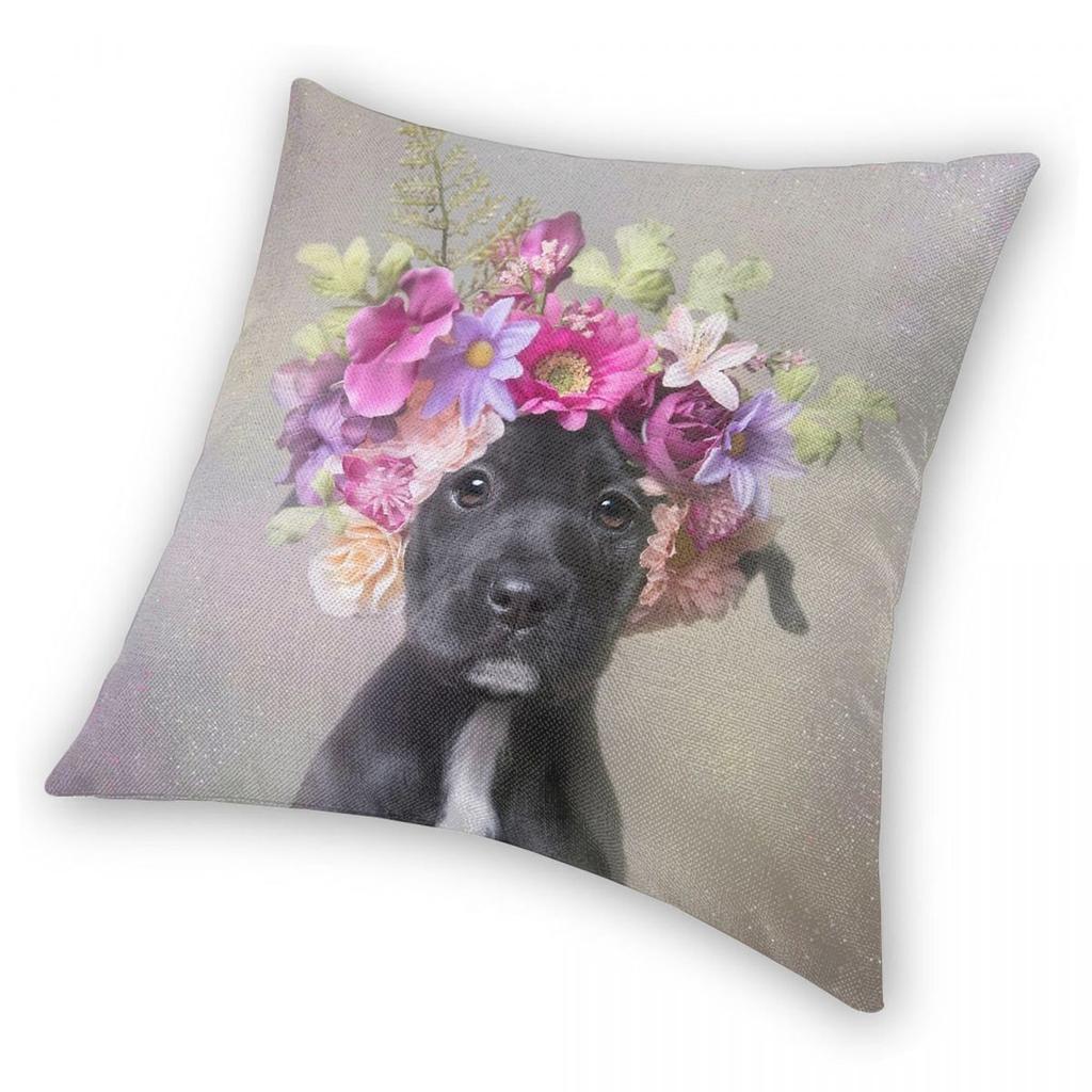 Flower Power Pit Bull Square Pillowcase Polyester Linen Velvet Creative Zip Decorative Pillow Case Room Cushion Case