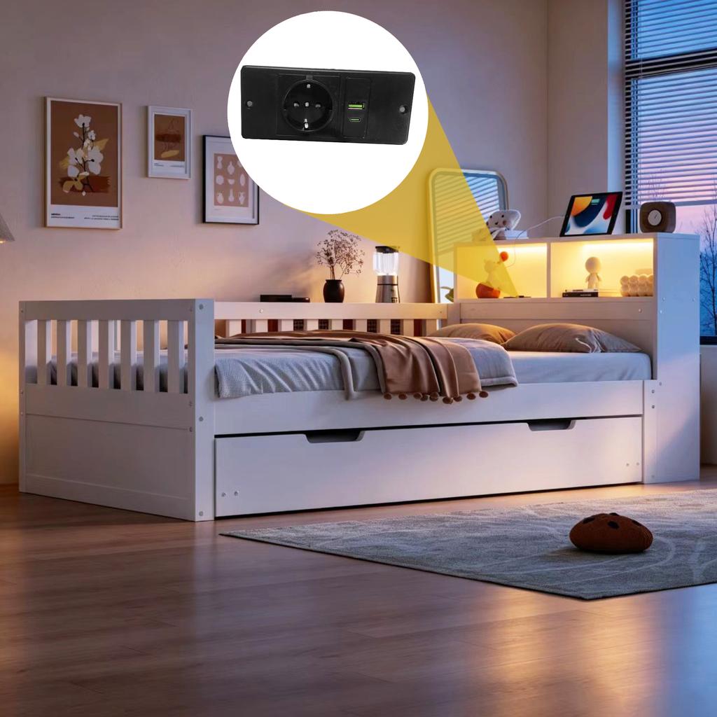 Multifunctional Wooden Bed 90 × 200 cm, With Pull-Out Bed, Shelf and Storage, Equipped With Socket and LED Lighting, Safety Rail, Single Bed, White