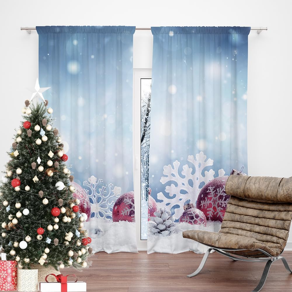 Christmas Snowflake Window Curtains Xmas Ornaments Coniferous Pine Tree Tinsel Theme Bedroom Living Room Decorative Curtain Polyester Perfect For Area