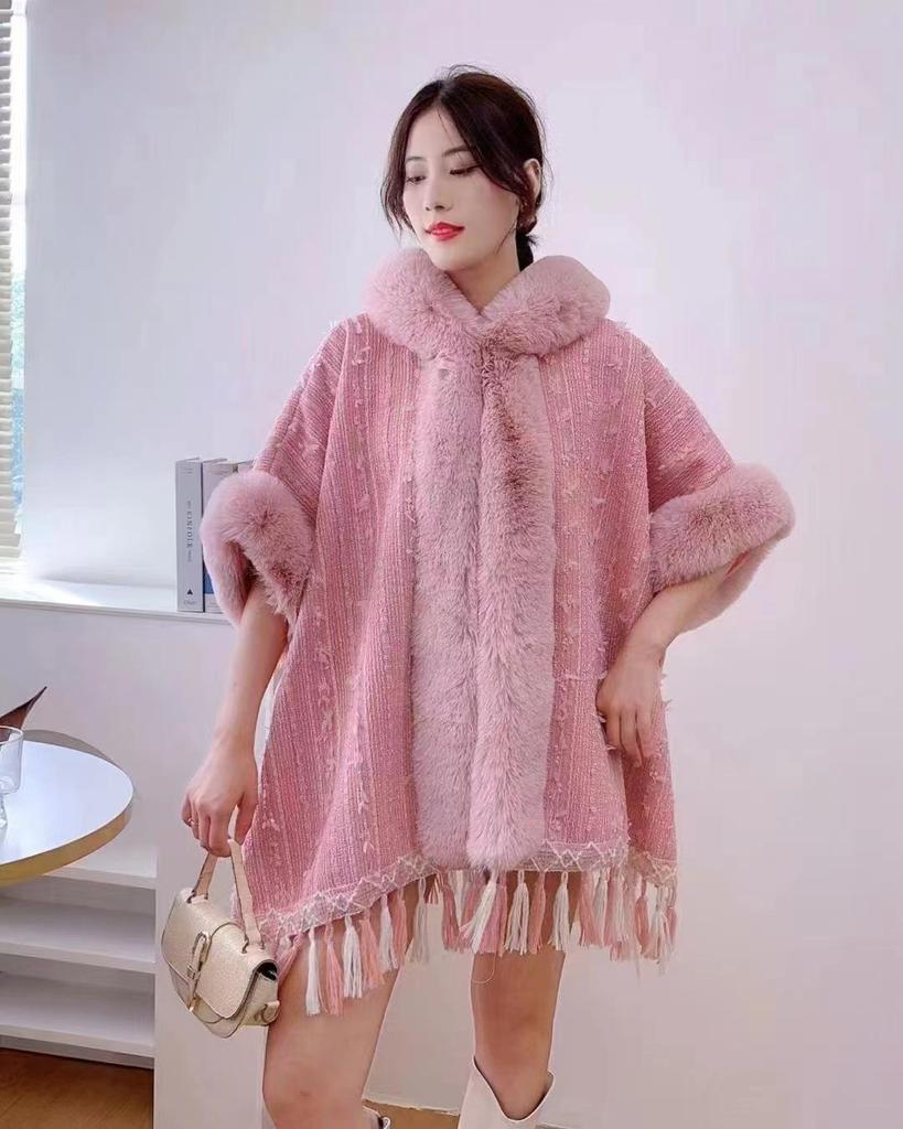 Women's Autumn/Winter Hooded Cape with Chinese Frog Button and Rabbit Fur Shawl, Plus Velvet Woolen Coat.