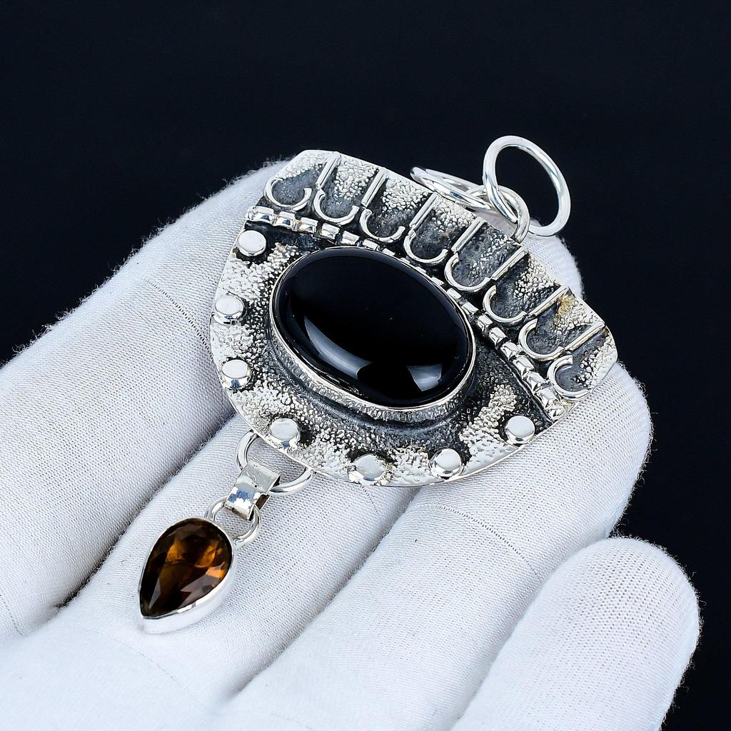 Black Onyx Pendant, 925 Sterling Silver Handmade Jewelry, Smoky Topaz Silver Pendant, Party Wear Jewelry For Women's, Pendant Engagement Gift