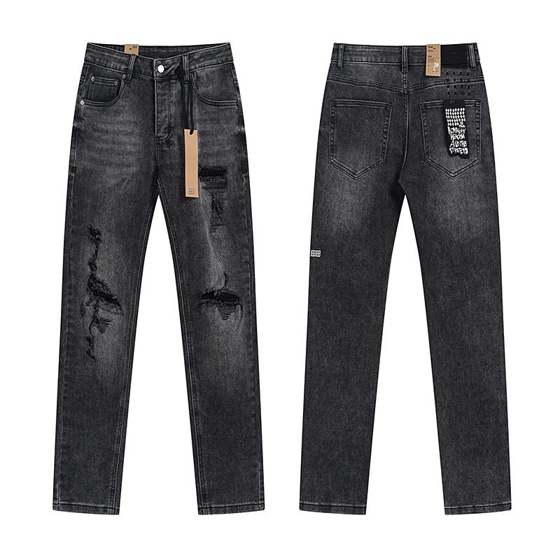 Men s Black Washed Distressed Straight Leg Jeans, Ripped Denim Pants with Patch 30