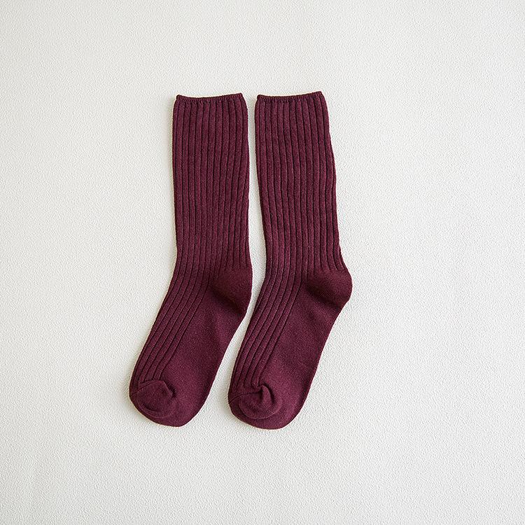 Women's Striped Double Needle Pile Socks: Pure Color, Long Cotton for Autumn/Winter, Trendy & Stylish.