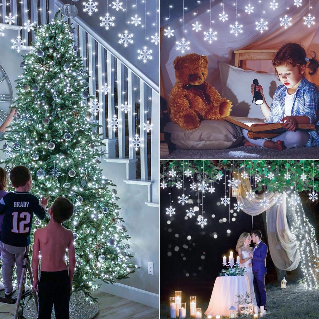 Christmas Snowflake Icicle Lights,6.5ft 144LED Curtain Lights Outdoor with 12 Drops, 8 Modes Waterproof Connectable Fairy Light for Eaves, Garden,