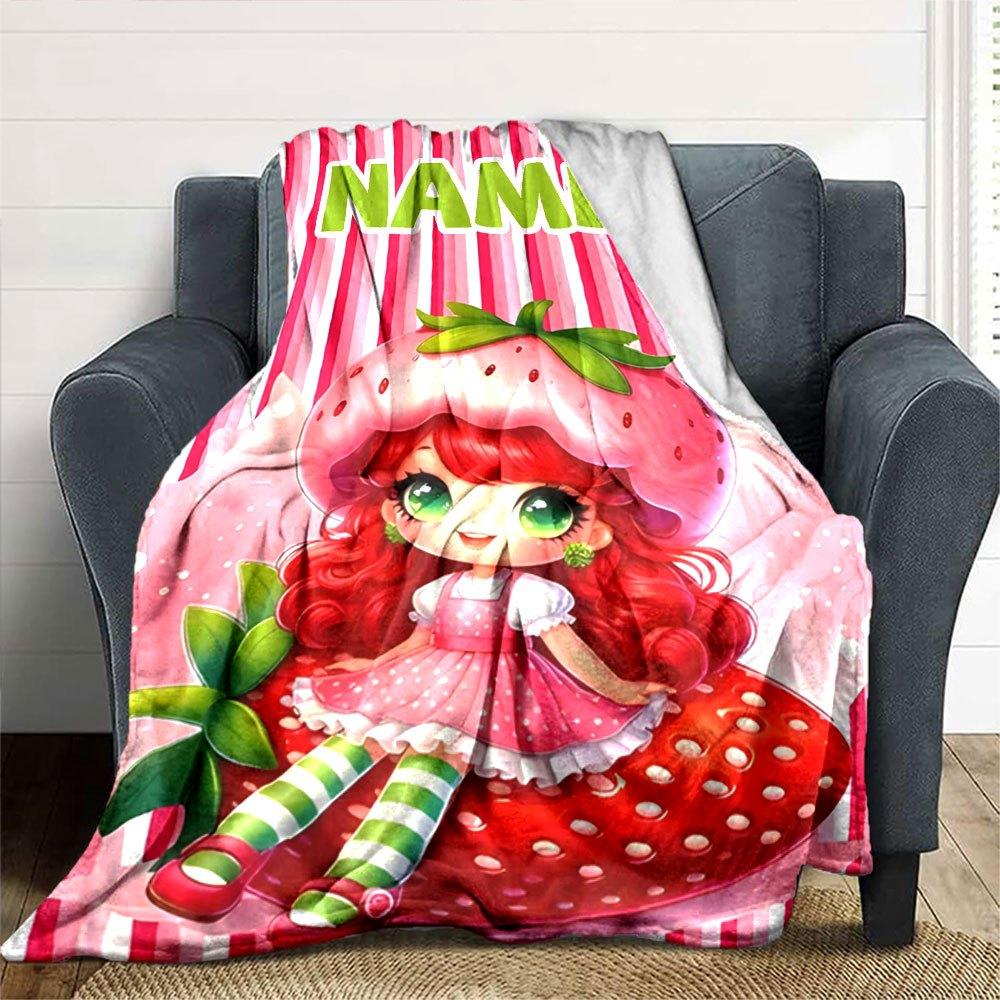 Strawberry Girl With Placeholder On A Pink Striped Background Cozy Customizable Blanket Personalized Name Durable Comfort Perfect For Sofa Couch