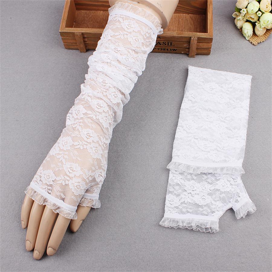 Long Lace Fingerless Gloves, Sheer Floral Arm Sleeves for Wedding & Cosplay