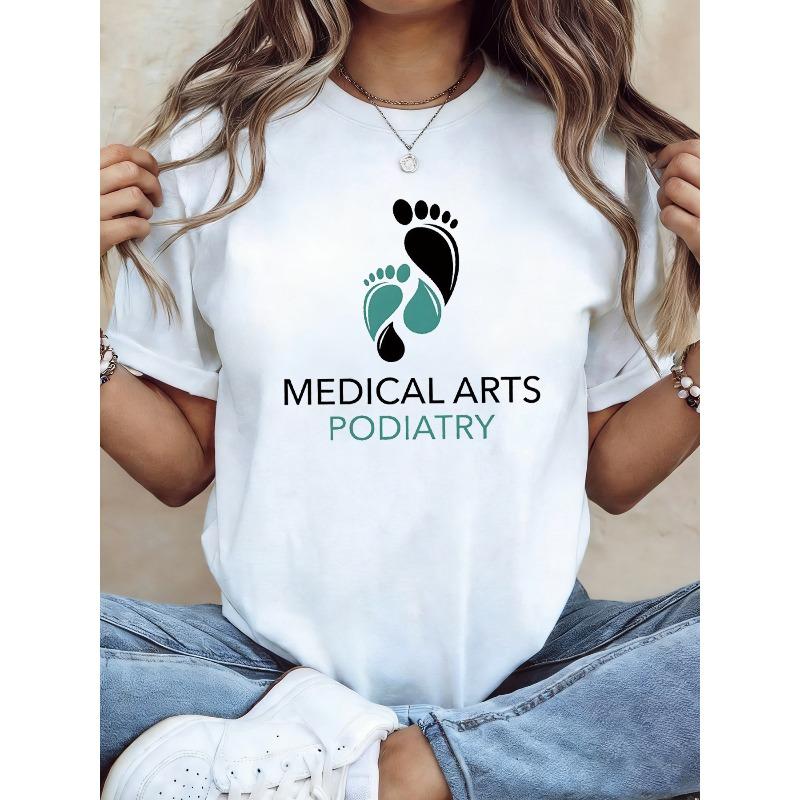 Plus Size Womens Podiatry Footprint Print Short Sleeve Crew Neck Casual Top S белый