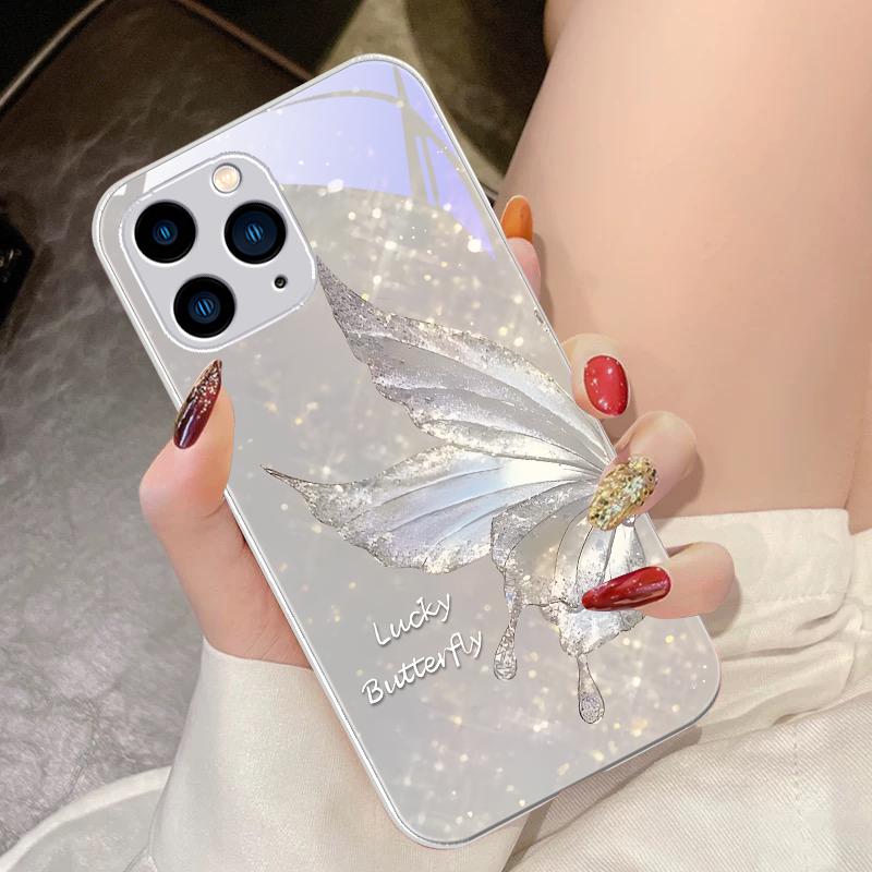 Dreamy Butterfly Far Peak Blue For IPhone 15 Pro 14 13 12 Mini 11 XS Max XR 7 8 Plu SE 2020 2022 Tempered Glass Phone Case