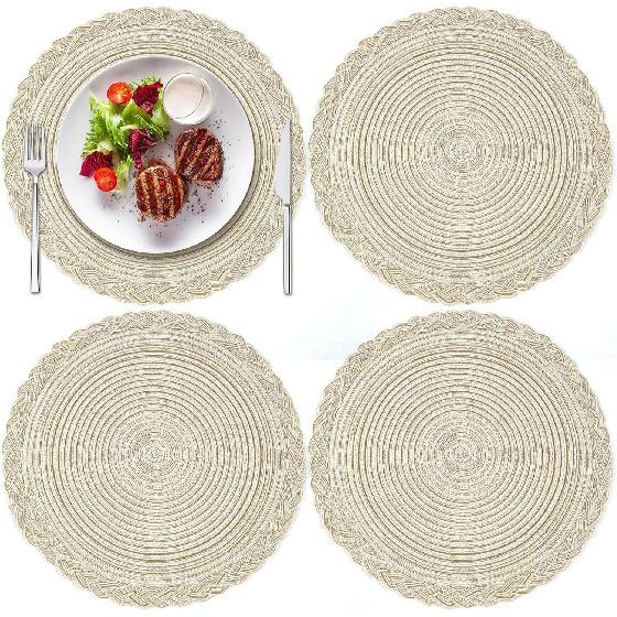 11.8 Inch Placemats,Round Braided Placemats Set of 4,Non Slip Washable Heat Resistant Cotton Polyester Circle Place Mats for Kitchen Dinner Party