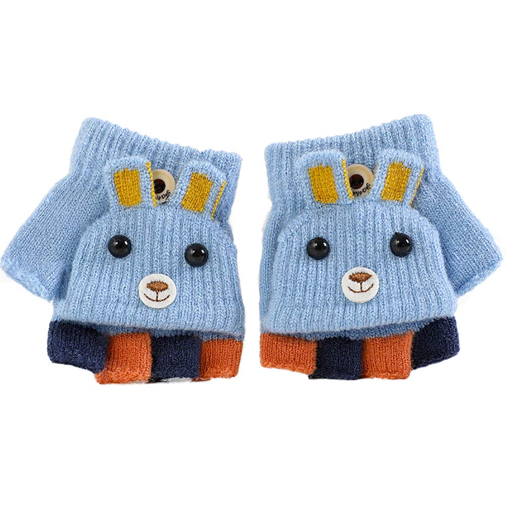 

eigenn Knit Gloves for Boys and with Mitten Perfect for Snow and More Kids Babies, Girls, Covers, Half-Finger, Warm, Play, School, (Animal/Sky Blue)