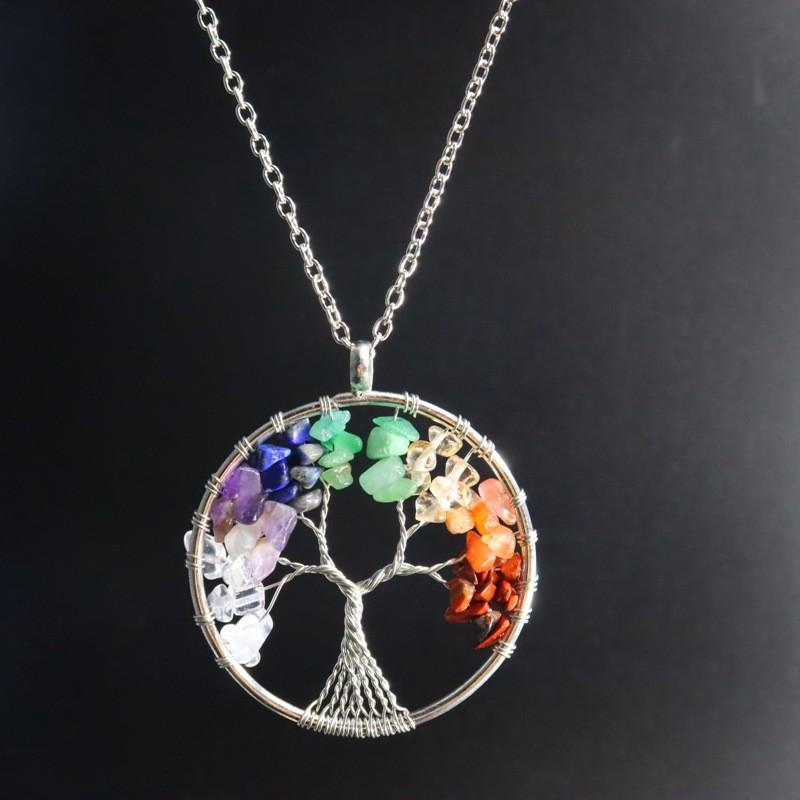 7-Color Natural Stone Money Tree Pendant Necklace - Handmade Wire-Wrapped Crystal Gravel Life Tree Ornament (N02)
