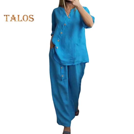Ensemble chemisier et pantalon 2 pièces, col en V, boutons décoratifs, manches trois-quarts, haut, jambe large, taille élastique, pantalon OL, tenue décontractée pour la maison