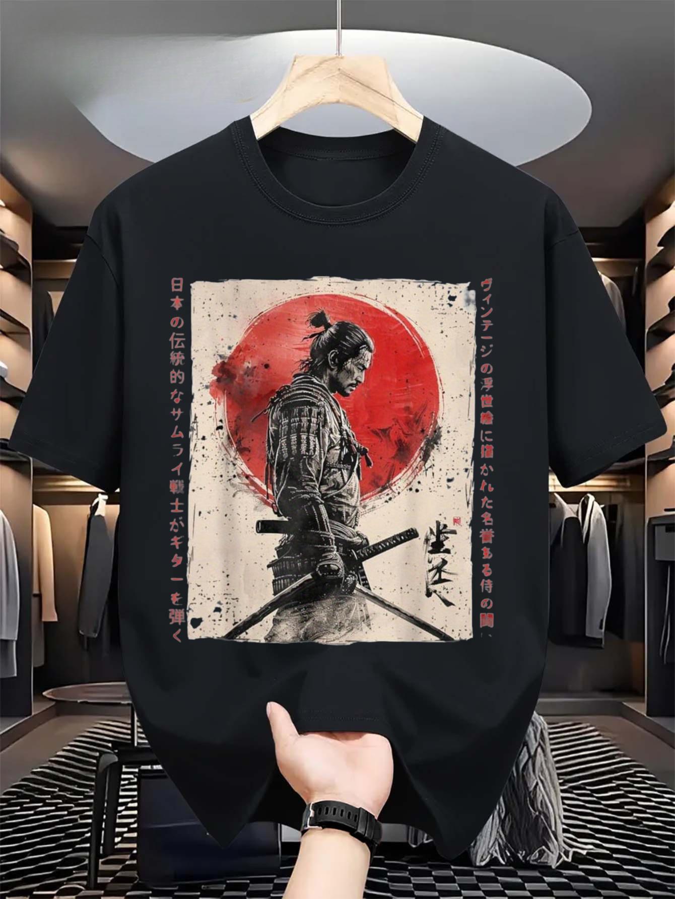 T-Shirt with a Print of Japanese Samurai Warriors In Ukiyo-E Ink Art S