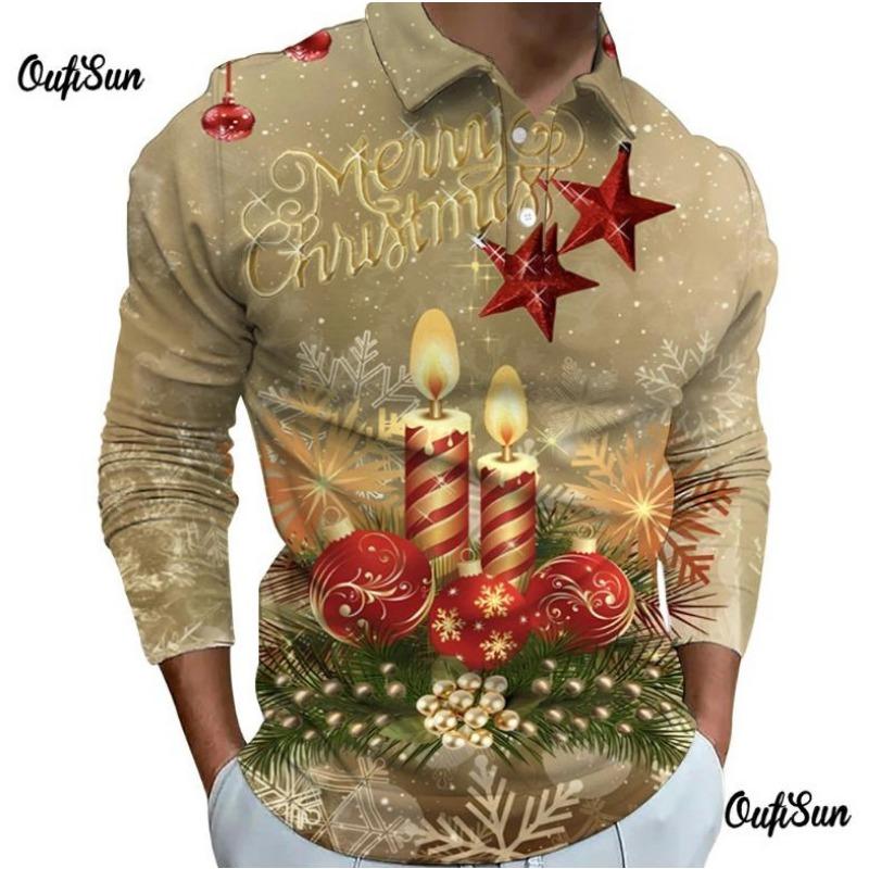 Men Fashion Spring Autumn Polyester Zippo Polo Shirt  Christmas 3D Digital Print Casual Polo Shirt Tops