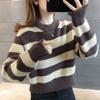 European Station autumn and winter new versatile lazy crew neck knitted sweater retro style long sleeve striped contrasting color pullover sweater
