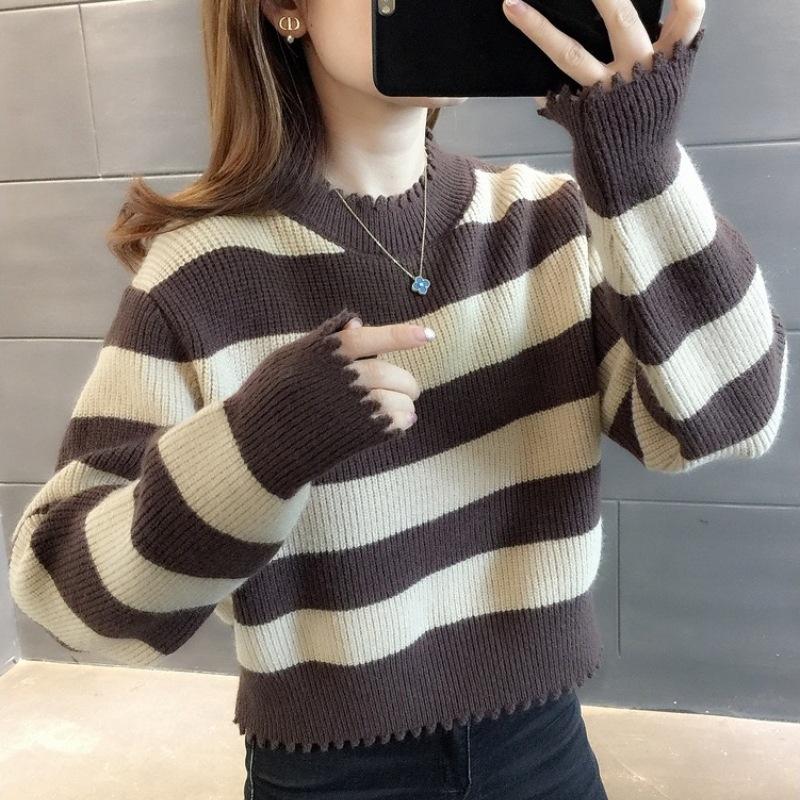 European Station autumn and winter new versatile lazy crew neck knitted sweater retro style long sleeve striped contrasting color pullover sweater