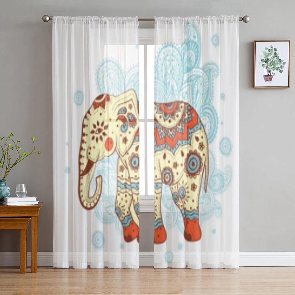 Elephant Hand Drawn Indian Style Sheer Curtains For Bedroom Living Room Tulle Curtains For Kitchen Window Voile Curtains