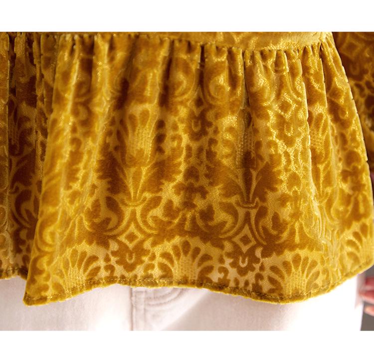 Damtopp med lång ärm i sidenvelour - Ungdomligt kinesiskt lapptäcksmönster, Rundhalsmodell