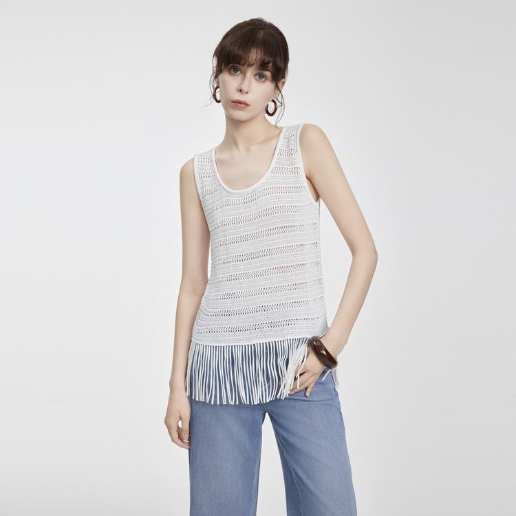 ELLE French Style Patchwork Fringe Design Loose Vest Women tops White EE50863