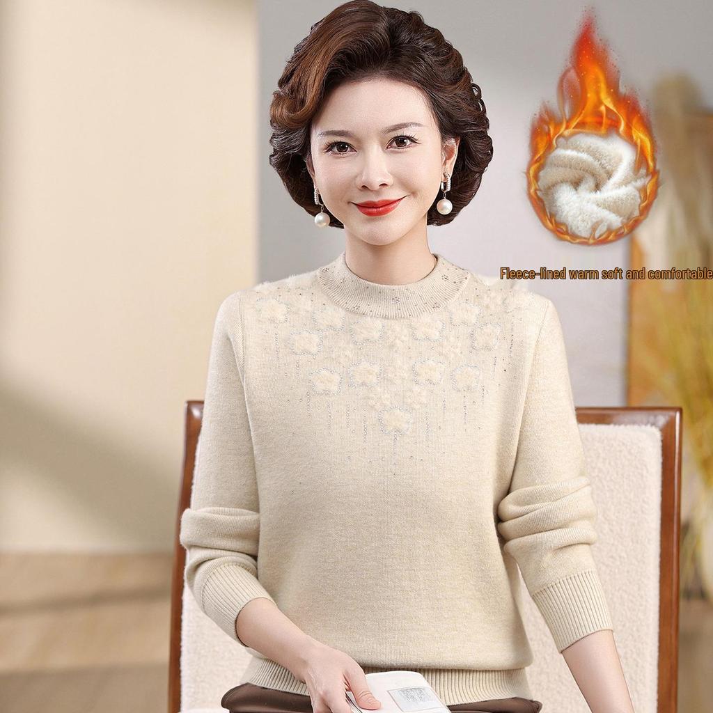 Mom's Velvet One-Piece Sweater for Women - Warm Embroidered Top for Middle-Aged & Elderly Women, Plus Velvet & Thickened for Autumn/Winter.