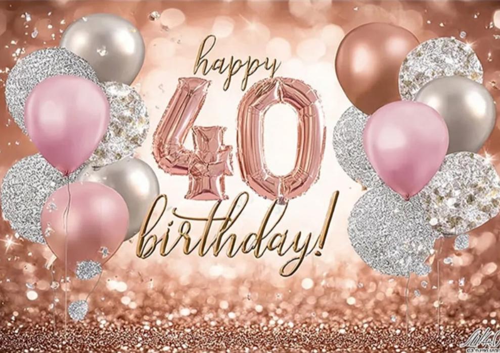 Glücklicher und lebendiger Roségold-Themen-Hintergrund für den 40. Geburtstag Dekoration für die Geburtstagsfeier eines Erwachsenen Fotografie-Hintergrund