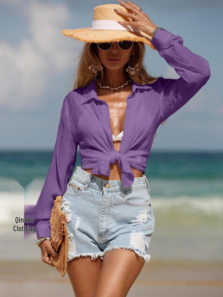 Women's Summer Beach Long Sleeve Cover-Up Cardigan Bikini Top