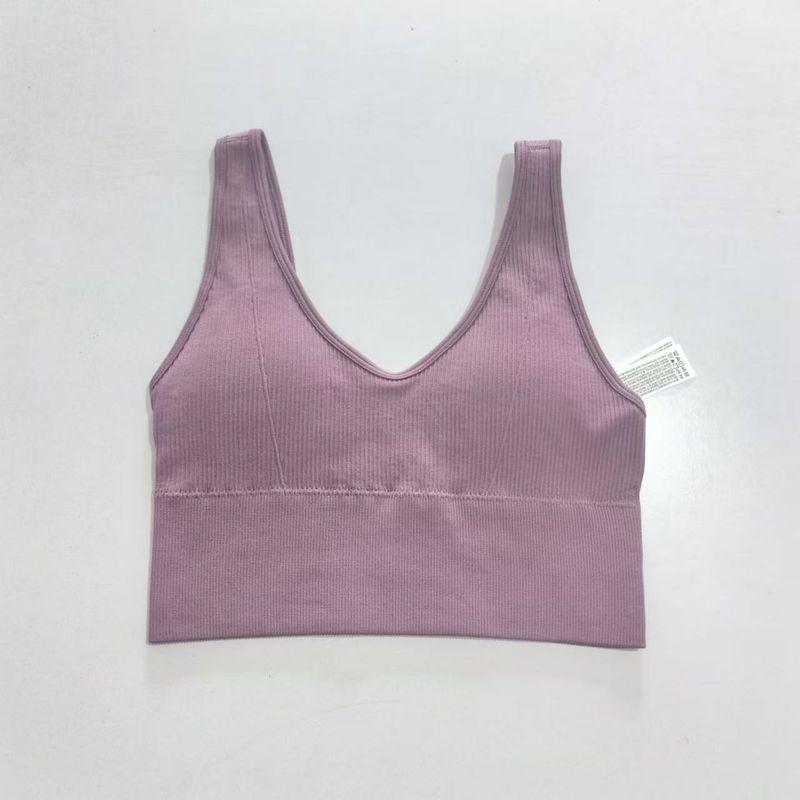 

Export F21 Bubble Wrap Exercise Yoga Underwear Bra Women with Chest Pad Rib Wide Band V Neck Training Fitness Women s Vest Lotus root purple S