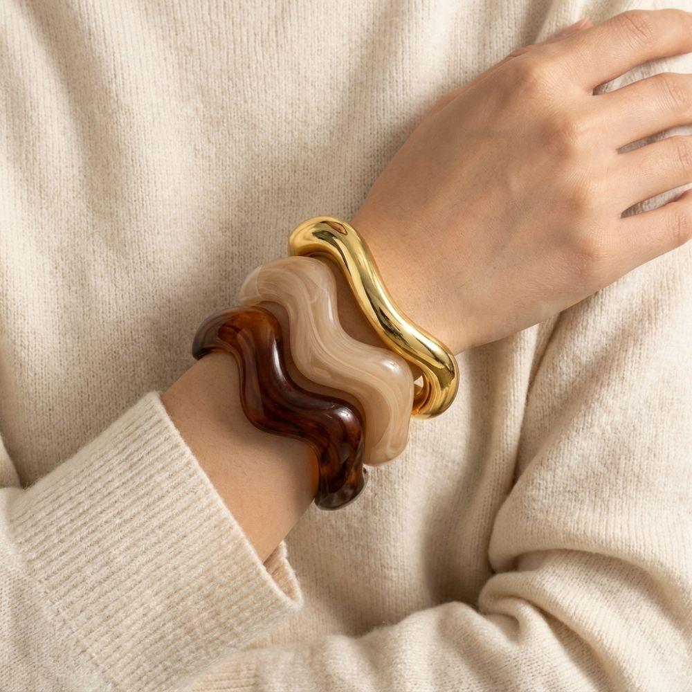 3Pcs/Set Irregular Wavy Cuff Bangle Set Geometric Twist Stackable Bracelet  Trendy Jewelry