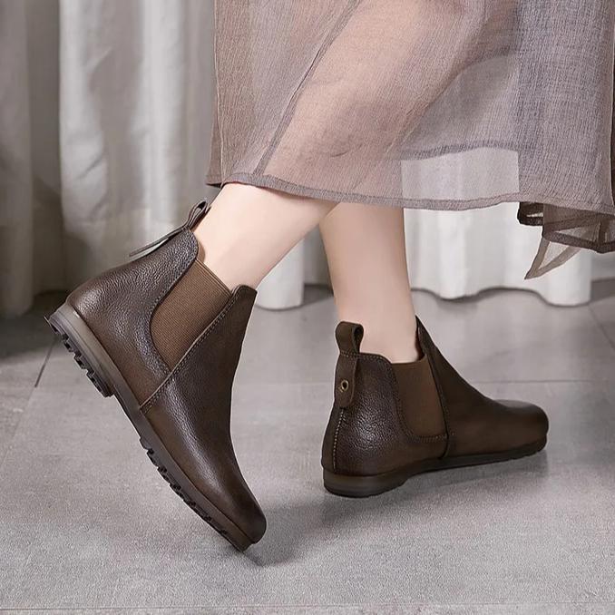 Johnature Solid Color Genuine Leather Flat Ankle Boots Round Toe Soft Soled Slip-on Women's Shoes