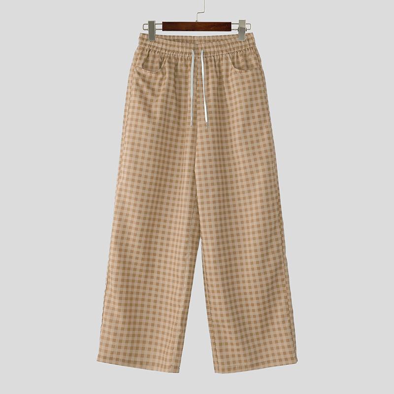 

INCERUN Мужские клетчатые повседневные длинные прямые брюки на резинке с кулиской 5XL хаки