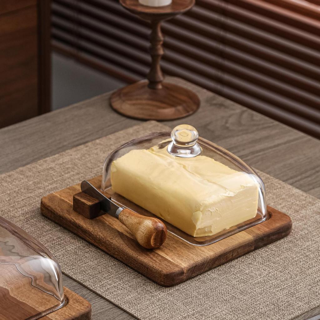 Butter Dish with Glass Lid Wooden Base Butter Keeper Saver with Cover for Table, Kitchen Countertop, Refrigerator With Knife