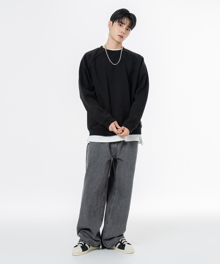 MOZMOZ Heavy Weight Pigment Raglan Back Slit Oversized Sweatshirt Black